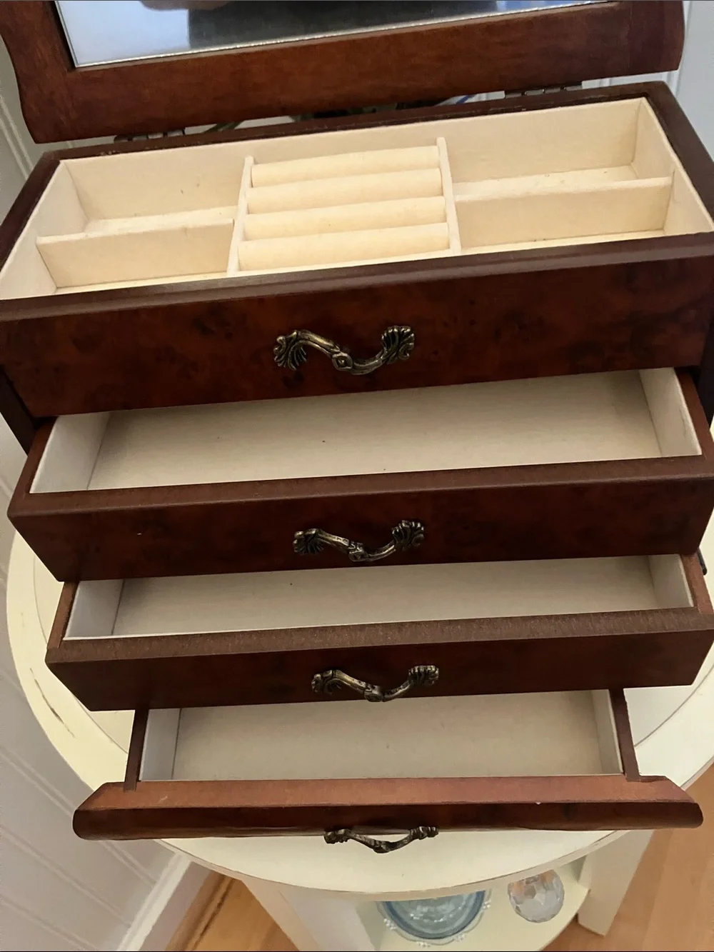Classic Wood Jewelry Chest in Rich Brown Flip Up Top Mirror & 3 Drawers